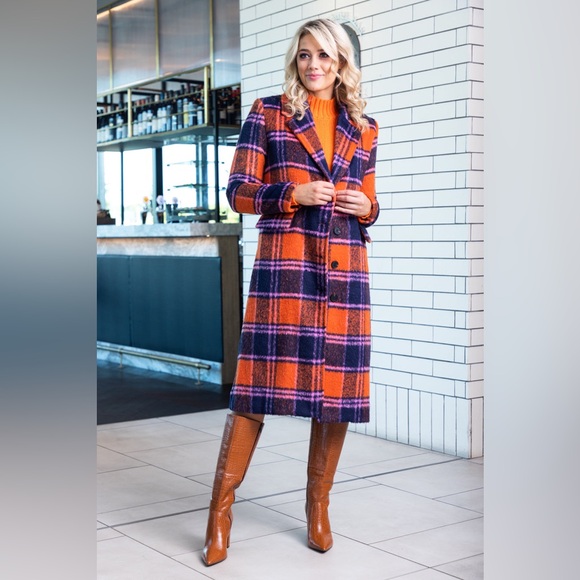 Nasty Gal Premium Plaid Double-Breasted Wool Look Coat Orange & Purple Size 16 - Picture 17 of 17
